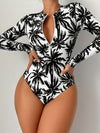 [Elegant Style] Women's Fashion One-Piece Swimsuit - Sexy Black and White Palm Leaf Print, Long Sleeve with Zipper Detail, High Stretch Polyester Fabric, Machine Washable, Bathing Suit