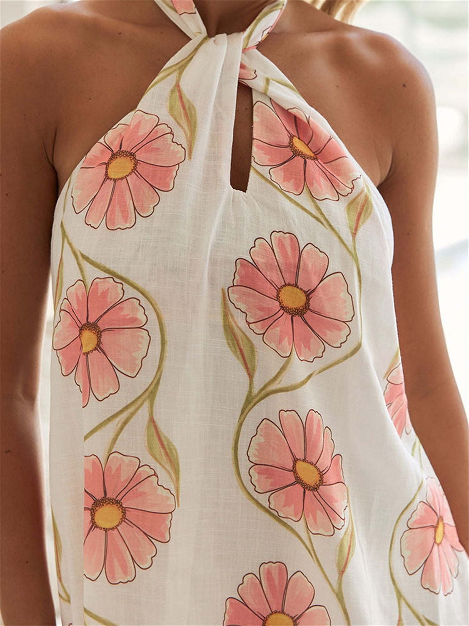 Women's Boho Floral Halter Neck Dress - Open Back Tie-Up Waist Sleeveless Mini Dress with Pink Flowers on White, Lightweight Summer Casual Beach Dress, Machine Washable, Beach Dresses, Festive Occasion Attire, Nontransparent