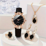 Elegant 5-Piece Jewelry Set with Rhinestone-Embellished PU Leather Quartz Watch, Matching Earrings, Ring, and Necklace - Battery Operated, Non-Rechargeable, Vintage Romantic Fashion Accessories for Women