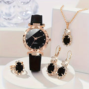 Elegant 5-Piece Jewelry Set with Rhinestone-Embellished PU Leather Quartz Watch, Matching Earrings, Ring, and Necklace - Battery Operated, Non-Rechargeable, Vintage Romantic Fashion Accessories for Women