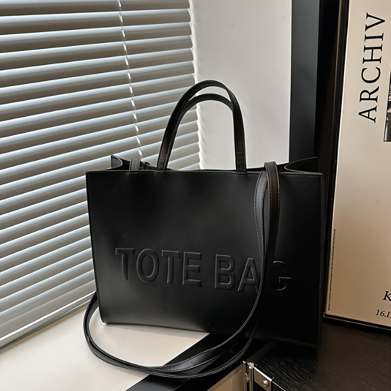 Stylish Black Tote Bag with "TOTE BAG" Embossed Design – Large Capacity Shoulder Handbag for Women, Perfect for Commuting and Casual Outings, Snap Button Closure