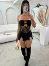 Women'S Sexy Strapless Hollow-Out Sheer Mini Dress, Bodycon Knit Polyester (95%) with Elastane (5%), Sleeveless Solid Color, All-Season Knit Fabric, 180g/m² - Elegant Party Attire