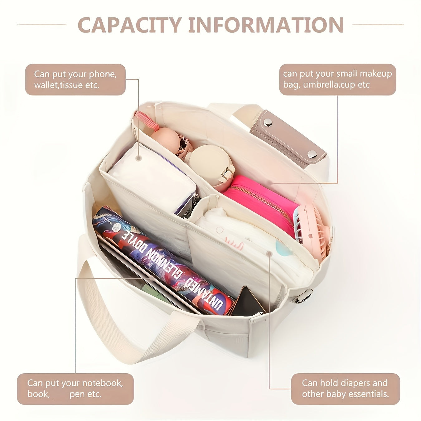 Large Capacity Multi-Pocket Shoulder Bag with Compartments, Multifunctional Tote, Durable Handles, Beige