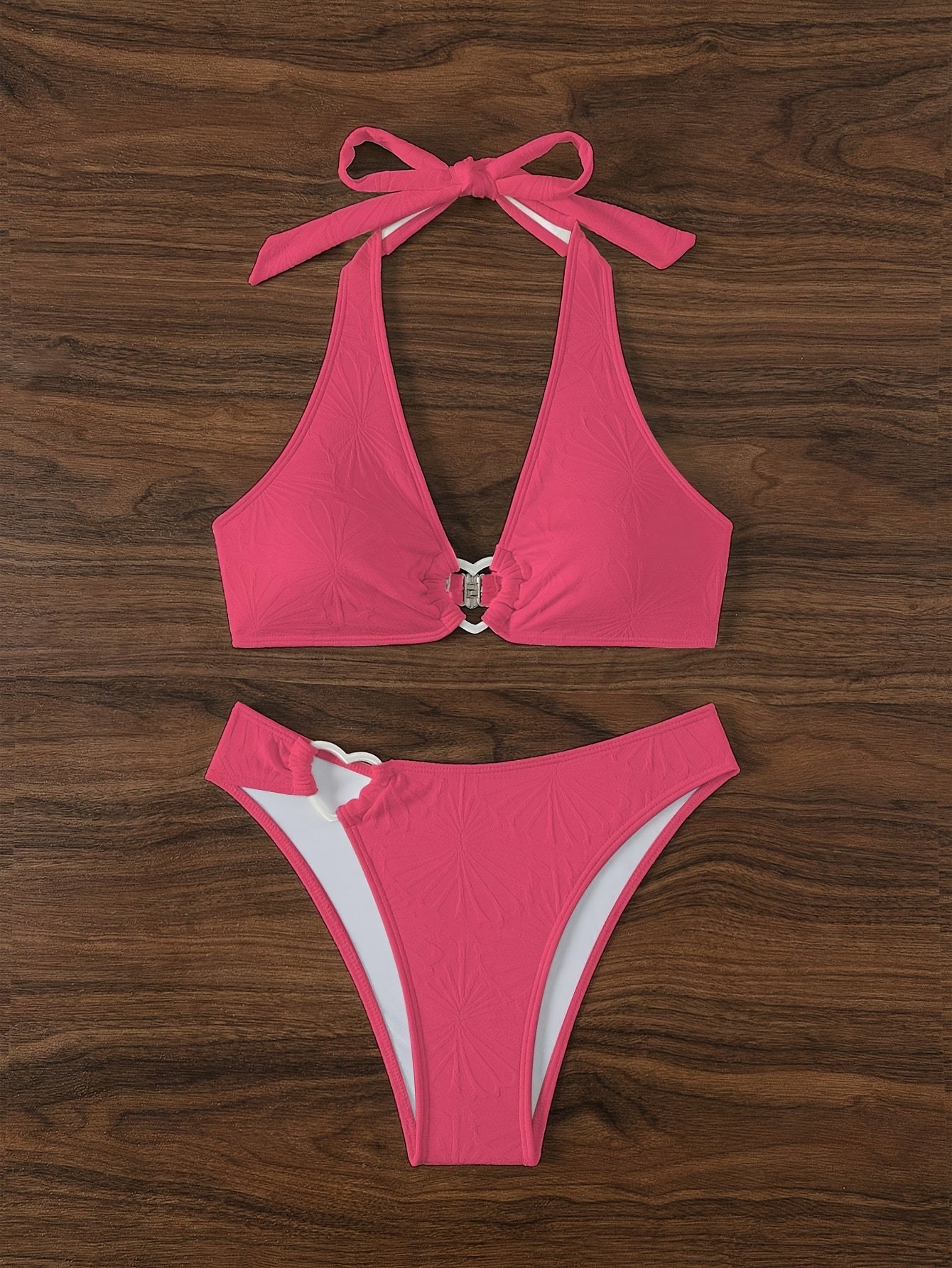 Two-Piece Sexy V-Neck Halter Neck Bikini Set - High Stretch Polyester Swimsuit with Knotted Heart-Shaped Accents, Adjustable Tie, and Solid Color Design - Hand Wash Only, No Dry Clean, Perfect for Summer Beachwear