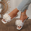 Chic Plus Size Women's Slide Sandals - Comfortable Flat Sole with For Lotus Design, Square Toe, Open-Toe Summer Beach Shoes