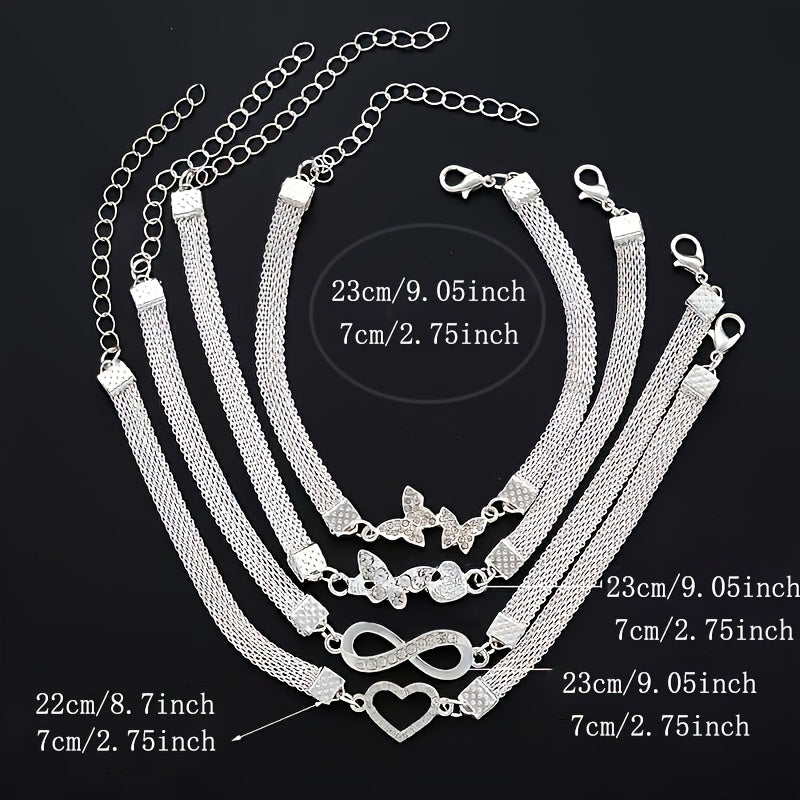 Set of 4- Elegant And Shiny Stackable Ankle Chains, Synthetic Zirconia Ankle Chains Plated with Butterflies And Hearts, Multifunctional Daily Jewelry Gifts