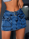 Women'S Low Rise Denim Culottes Pants, Street Style, High Stretch Solid Color, Elastic Waist, Skinny Fit, with Belt Buckle and Fake Covered Pocket, for Spring/Summer