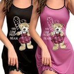 Two Pieces of Bear Print Pajamas, a Round-Neck Ruffled Edge Backless Camisole Dress, Women'S Sleepwear.