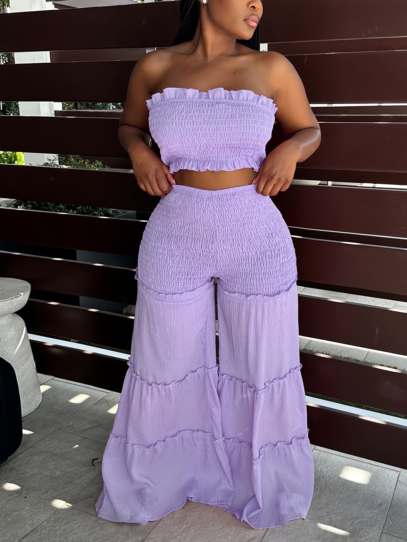 Elegant V-Neck High-Waist Wide Leg Two-Piece Set with Ruched Detail - Sexy Corset & Strapless Top, Polyester Blend, Perfect for Spring/Summer, Chic Outfit|Vneck Top|Polyester Blend
