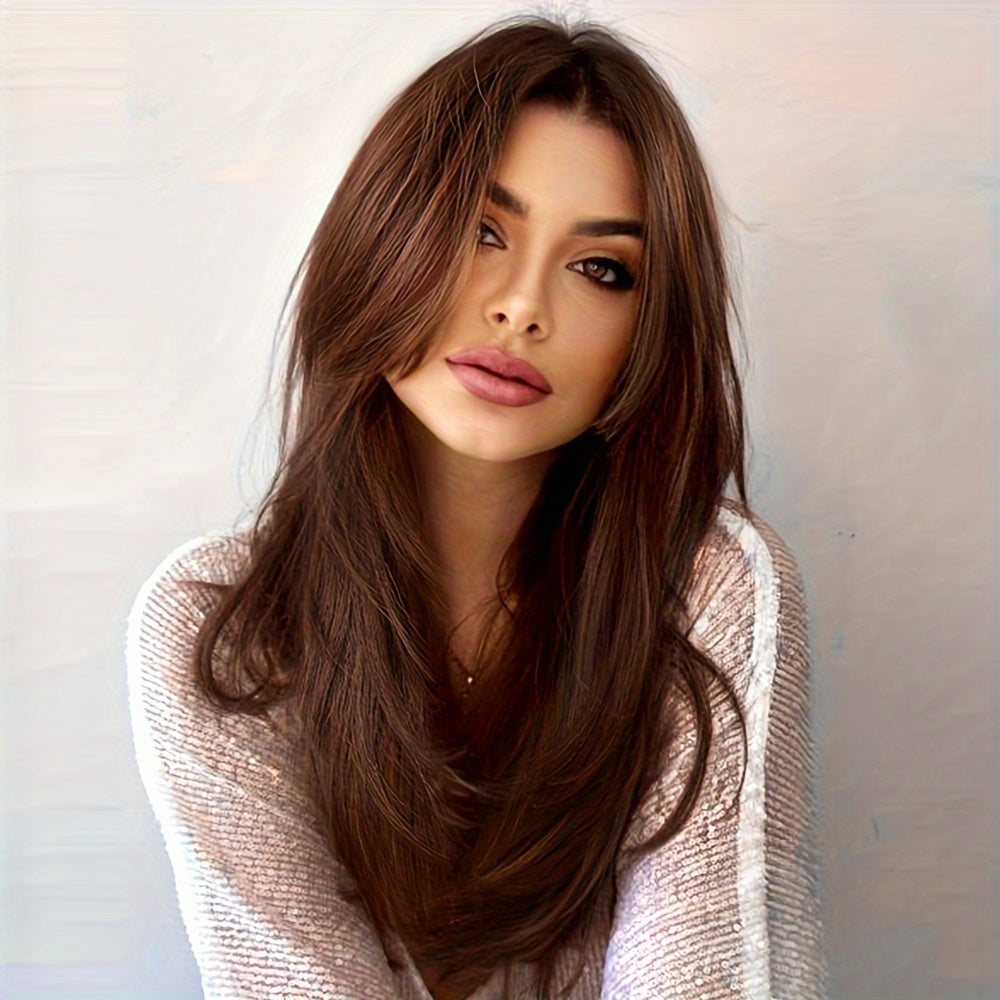 Glueless Synthetic Wigs For Women, Natural Straight Layered Wigs With Bangs, Copper Red Wigs, Brown Wigs, 20 Inches Shoulder Length
