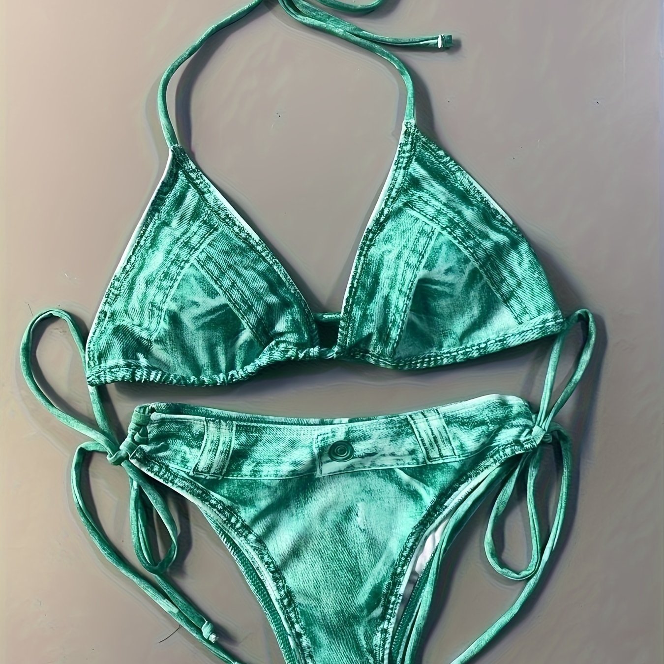 2 Piece Faux Denim Print Triangle Bikini Set - Tie Strap Halter Backless Design, Adjustable Straps, Ruffled Trim, Women's Swimwear & Clothing for Summer Beach Vacation