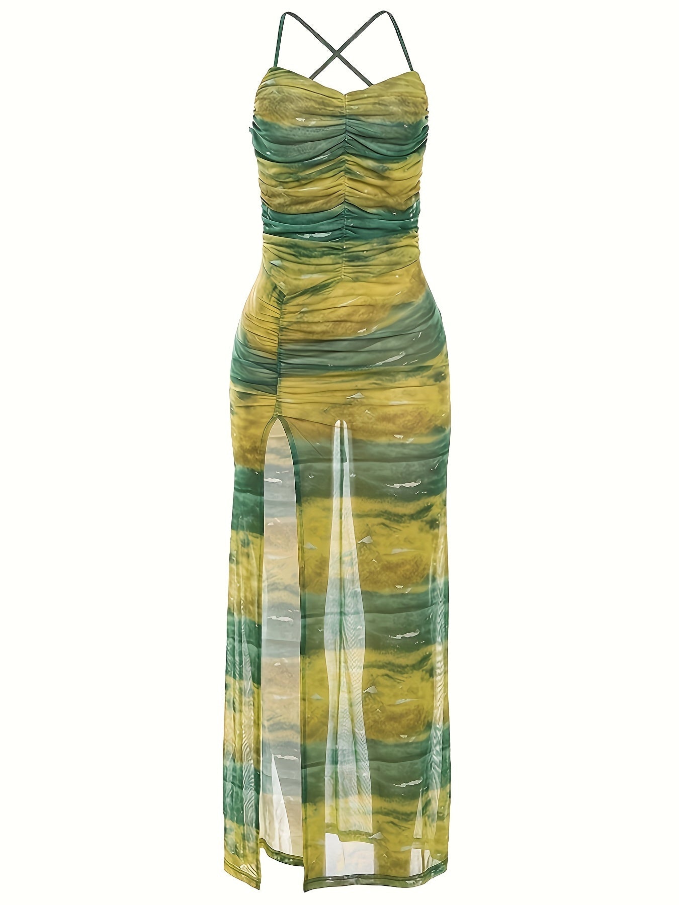Backless Ruched High Slit Cami Dress - Sexy Slinky Sleeveless Maxi Dress - Polyester - For Spring & Summer - Women's Clothing - Perfect for Parties & Casual Occasions