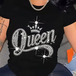 Queen & Crown Print T-shirt, Short Sleeve Crew Neck Casual Top, Women'S Clothing
