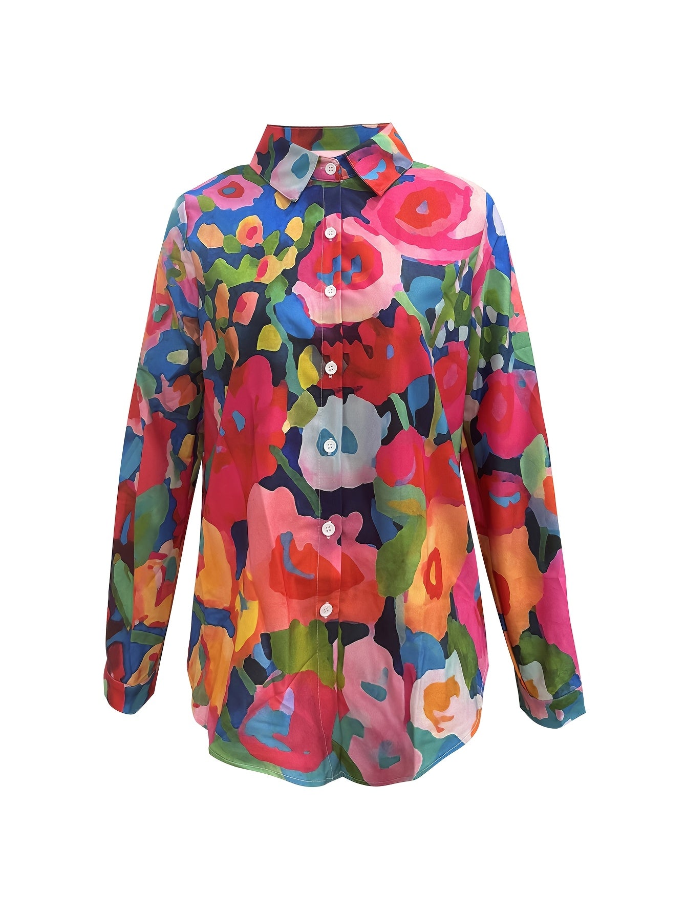 Mother's Day Retro Floral Print Simple Shirt, Casual Button Front Long Sleeve Shirt, Women's