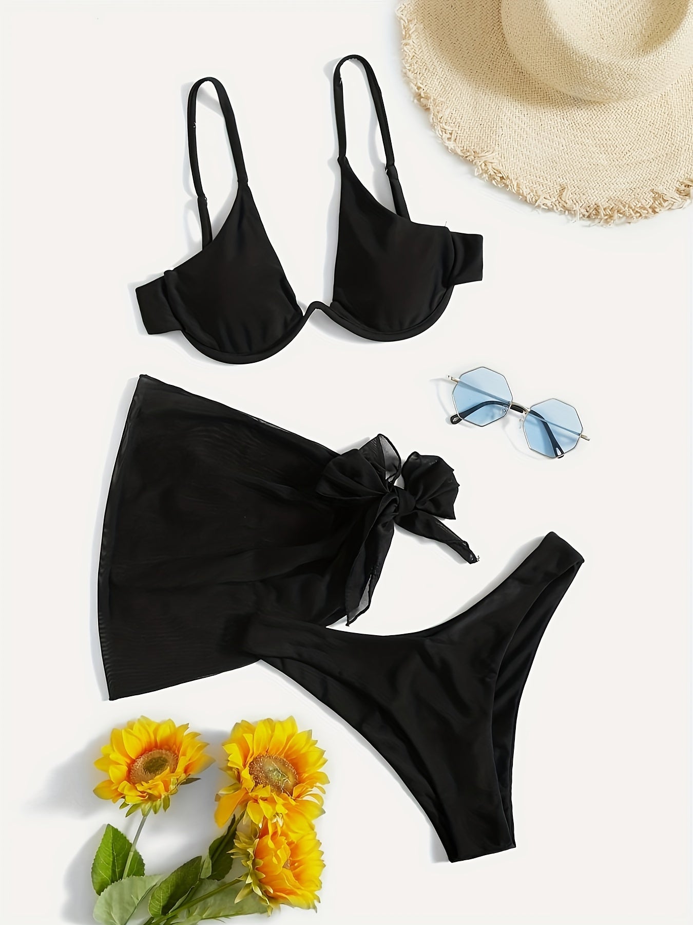 3 Piece Set Deep V Neck Stretchy Wrap Solid Color Spaghetti Strap Bikini With Mesh Tie Side Cover Up, Women's Swimwear & Clothing