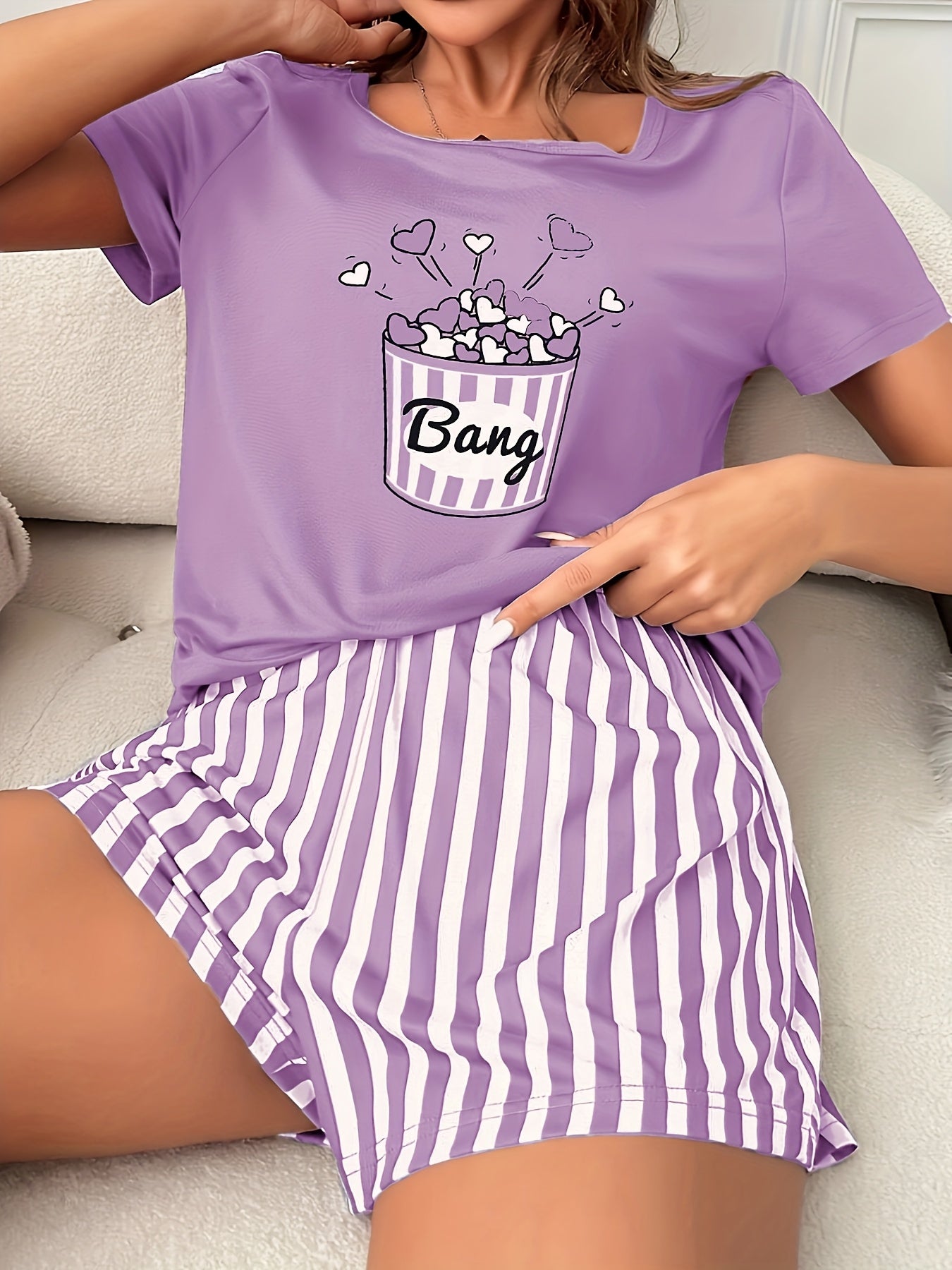 Women'S Casual Crew Neck Pajama Sets, Polyester 95.0% Elastane 5.0%, All-Season Comfort, Heart Pattern, Adult Sleepwear, Loungewear|Playful Print|Comfortable Fit, Pajamas for Travel