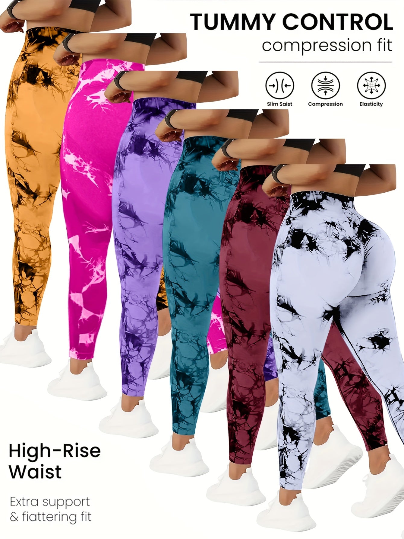 QGU 6 pcs Tie Dye Flared Yoga Leggings - Seamless Flare Leg Sports Pants - Women's Fashionable Tie Dye Slim Flared Long Pants - Made from Breathable Fabric - Suitable for Yoga, Fitness & Everyday Wear - Perfect Gift for Fashi