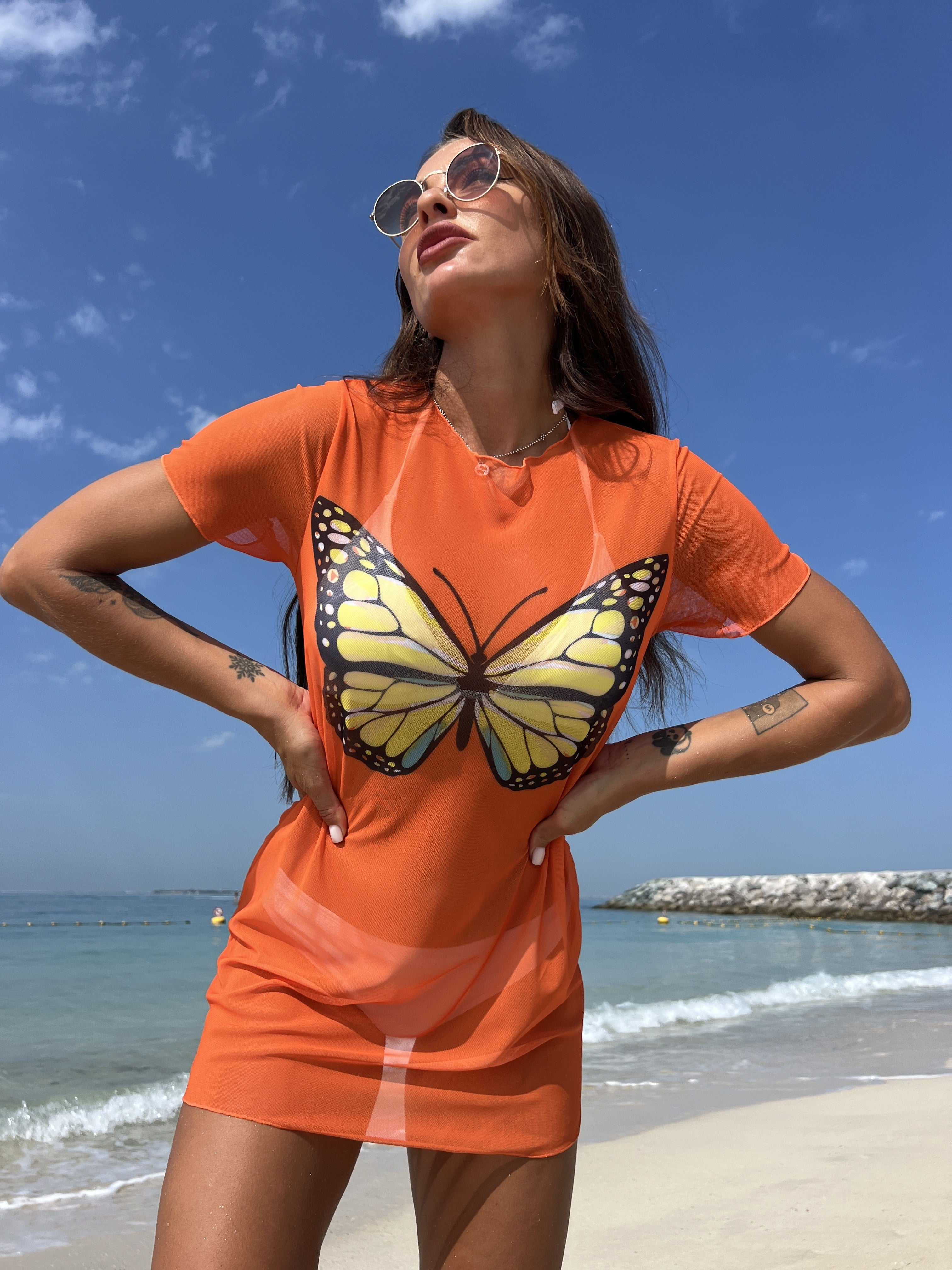 Butterfly Print Semi Sheer White Cover Up, Shorts Sleeve Stretchy Mesh Beach Coverup Without Bikini, Women's Swimwear & Clothing For Holiday