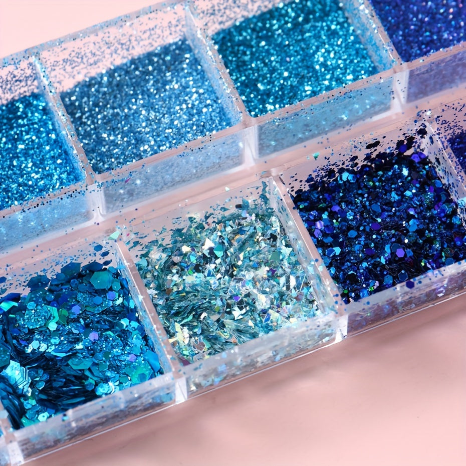 FULL BEAUTY Sparkly Blue Nail Glitter Set: 12 Grids of Shimmering Blue Sequins, Diamond Chrome, Fine Powder, Dust, Chunky Flakes, and Paillettes for DIY Manicure Decoration