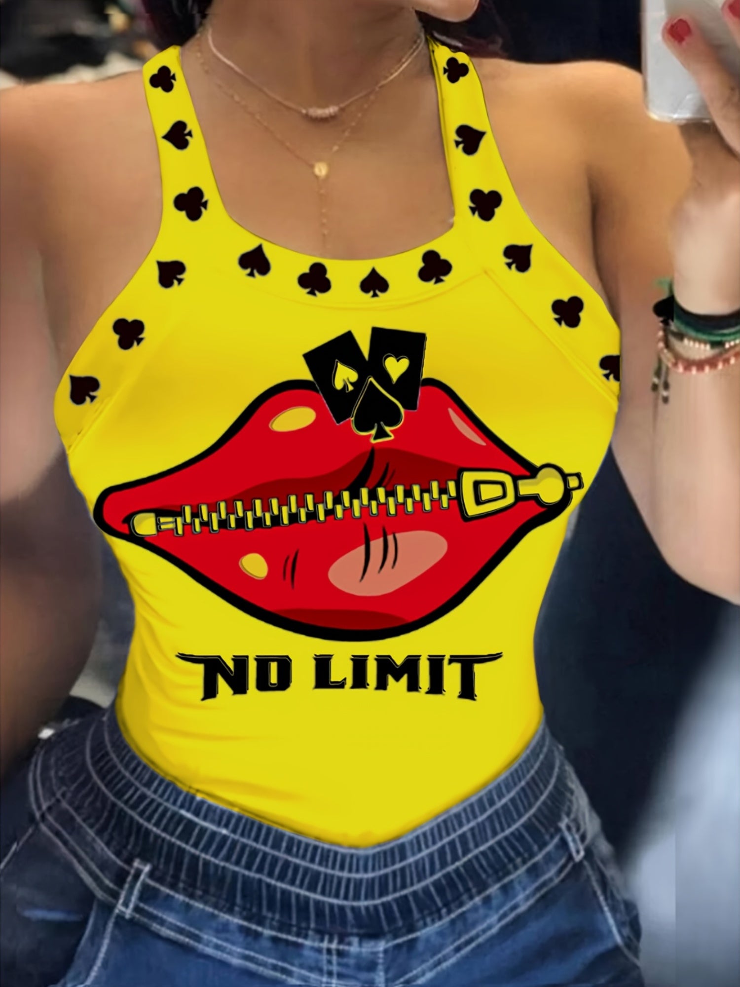 Women'S Sexy Strapless Tank Top, Polyester 95.0% Elastane 5.0%, Alphabet Pattern, Summer Knit Fabric, No Padding Chest Pad - "NO LIMITS" Graphic Print with Kiss Design