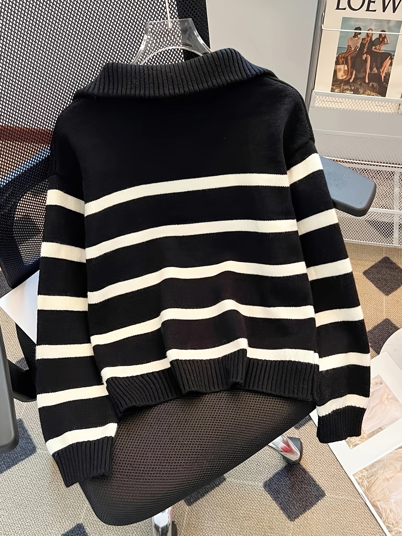 Long Sleeve Black & White Striped Polyester Knit Hooded Sweater - Women's Casual Zip-Up Pullover with Ribbed Detail, Perfect for All Seasons