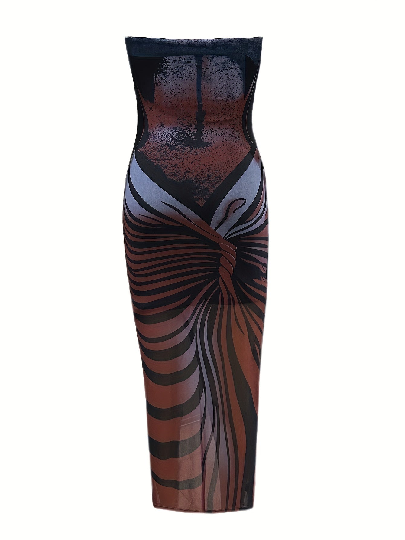 Women'S Sexy Strapless High Slit Maxi Dress, Summer Knit Fabric with Stripe Pattern, 95% Polyester 5% Elastane, Mesh Bandeau Style, 175g/m² Lining Weight, 100g/m² Fabric Weight