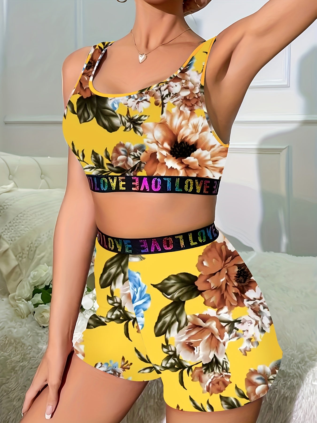 Floral Print Sports Set, U Neck Tank Top & Elastic Waistband Shorts, Women's Clothing