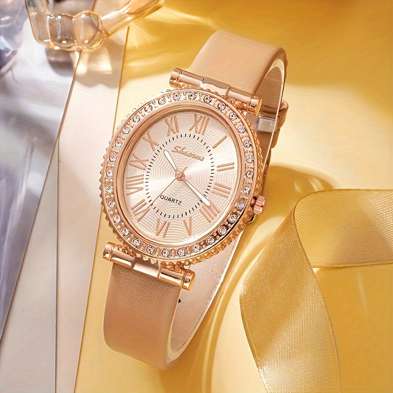 Luxury 5pcs Women's Rhinestone Quartz Watch Set - Chic oval case paired with casual PU Leather strap, elegant gift for Mom or her, fashion timepiece with classic design