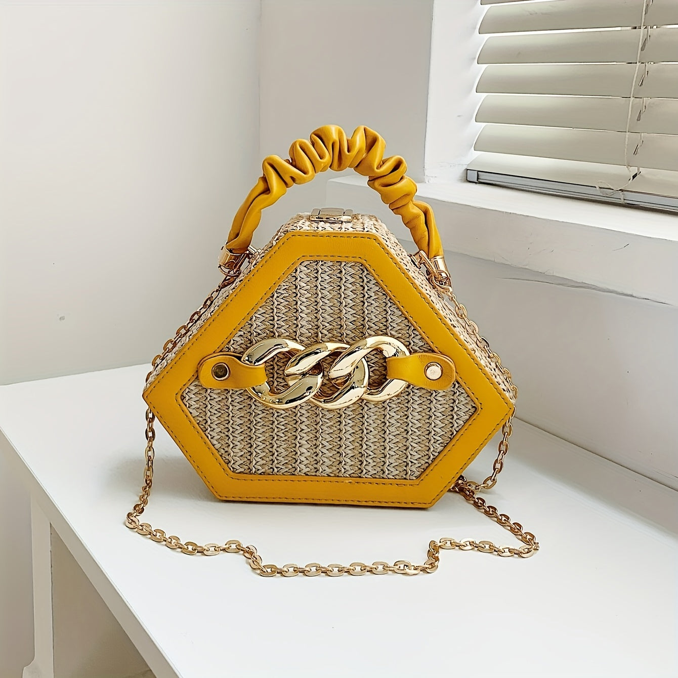 Fashion Niche Shaped Satchel Bag, Chain Decor Straw Design Chain Bag, Mini Top Ruched Strap Handbag