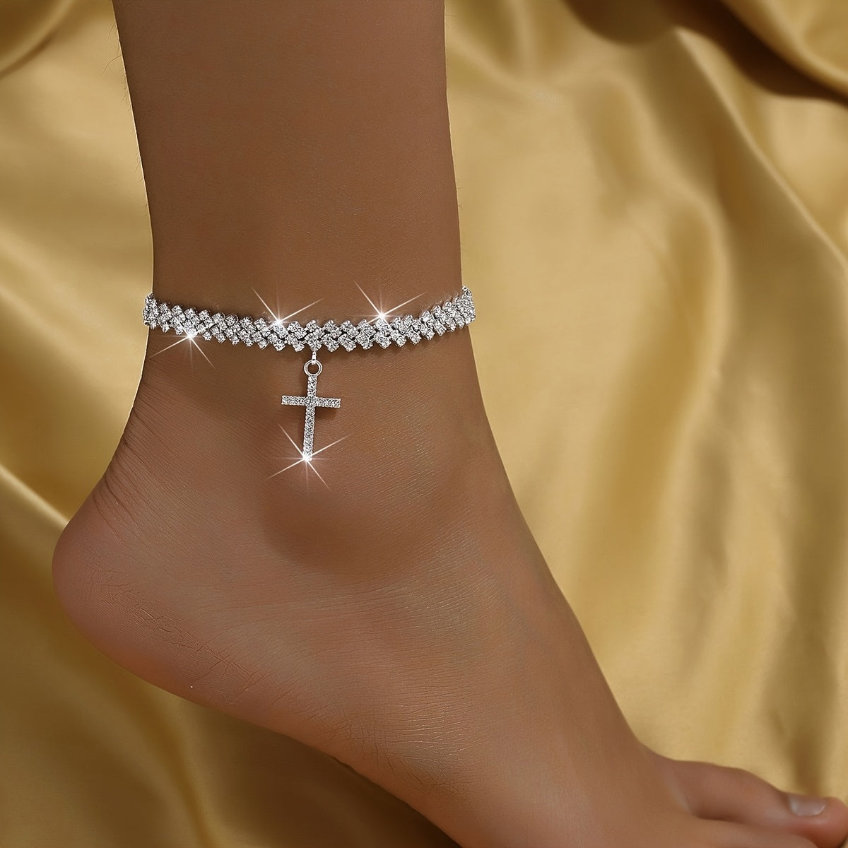 2pcs Gold Glitter Cross Pendant Anklet Set for Women – Elegant Rhinestone Chain Anklets – Personalized Summer Beach Jewelry Gift