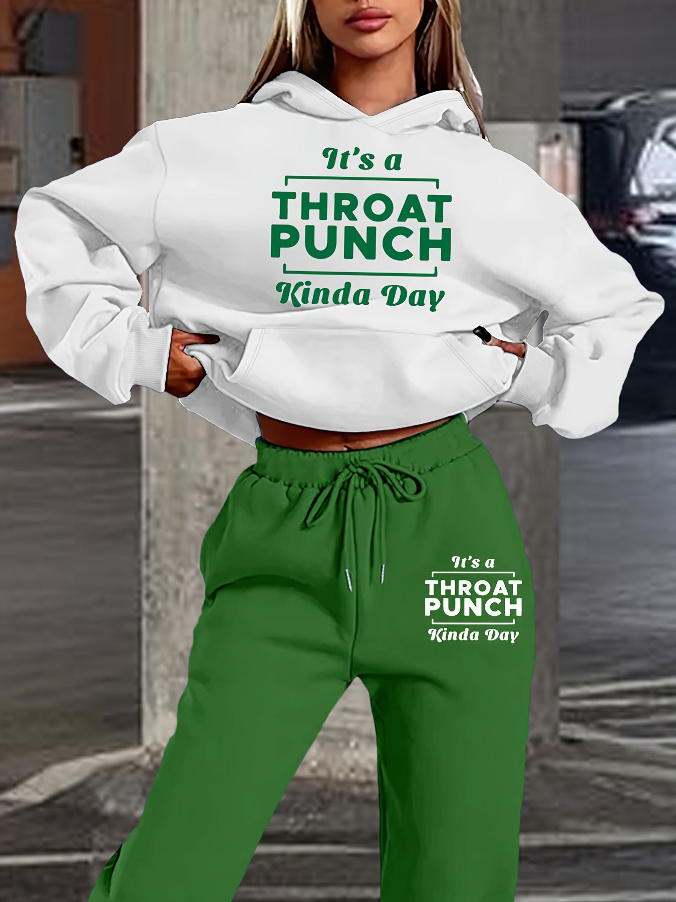 Women's Fashionable Athletic Two-Piece Set: White Hoodie with "THROAT PUNCH" Print & Blue Joggers with Drawstring - Casual, Trendy Streetwear, Polyester, Relaxed Fit Clothing|Playful Graphic Print|Glossy Fabric