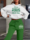 Women's Fashionable Athletic Two-Piece Set: White Hoodie with "THROAT PUNCH" Print & Blue Joggers with Drawstring - Casual, Trendy Streetwear, Polyester, Relaxed Fit Clothing|Playful Graphic Print|Glossy Fabric