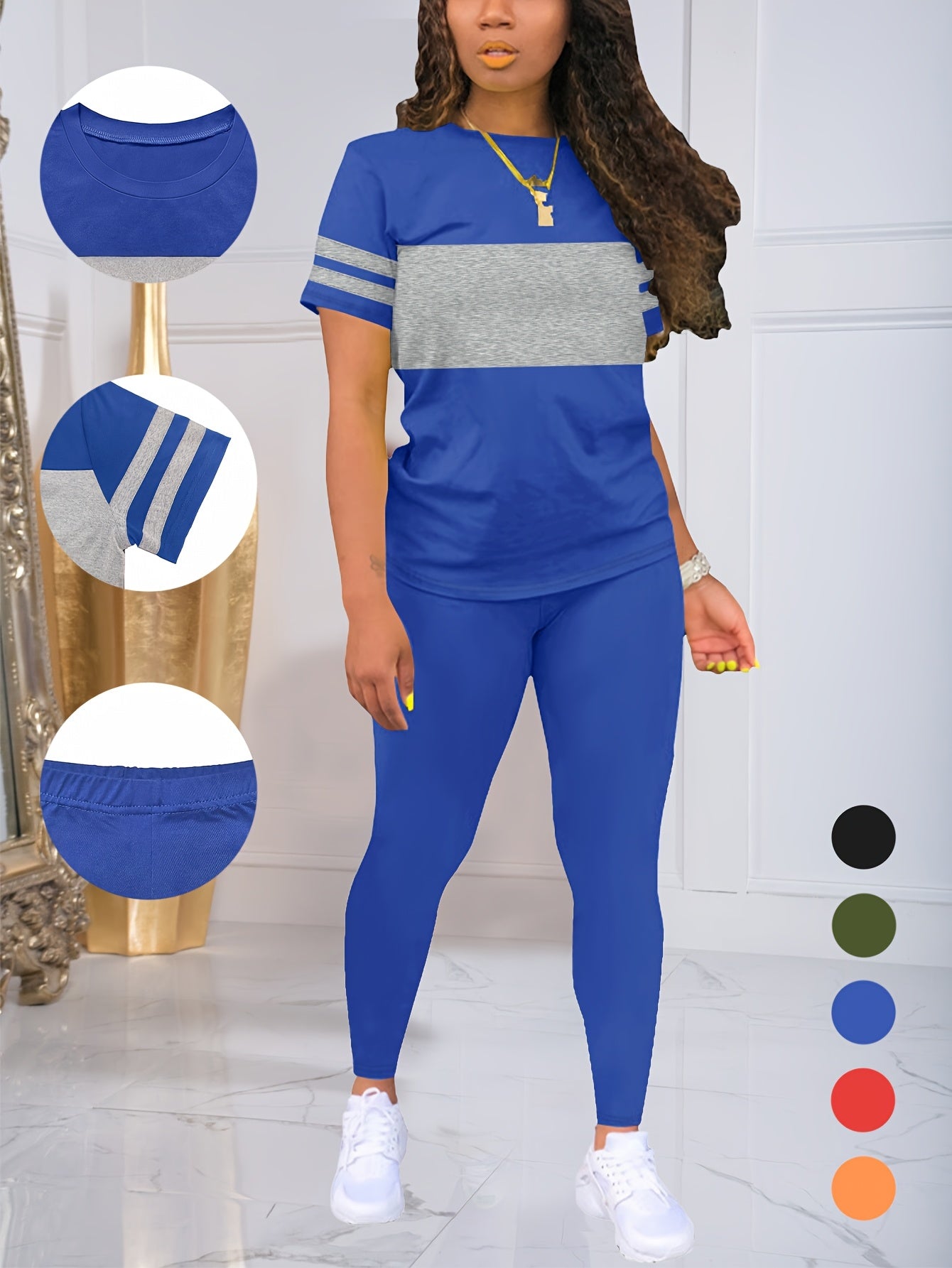 Women's Spring and Summer Round Neck Short Sleeve Top and Pants Set, Solid Color and Colorful Elastic Women's Set