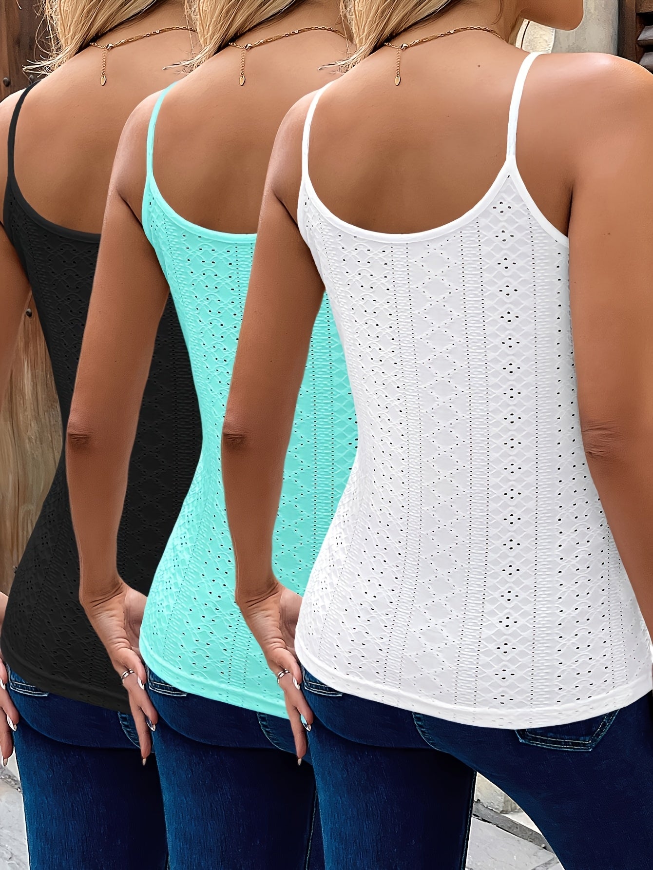 3pcs Knit Textured Lace Appliqué Casual Vacation Women's Camisole Set 379T-2