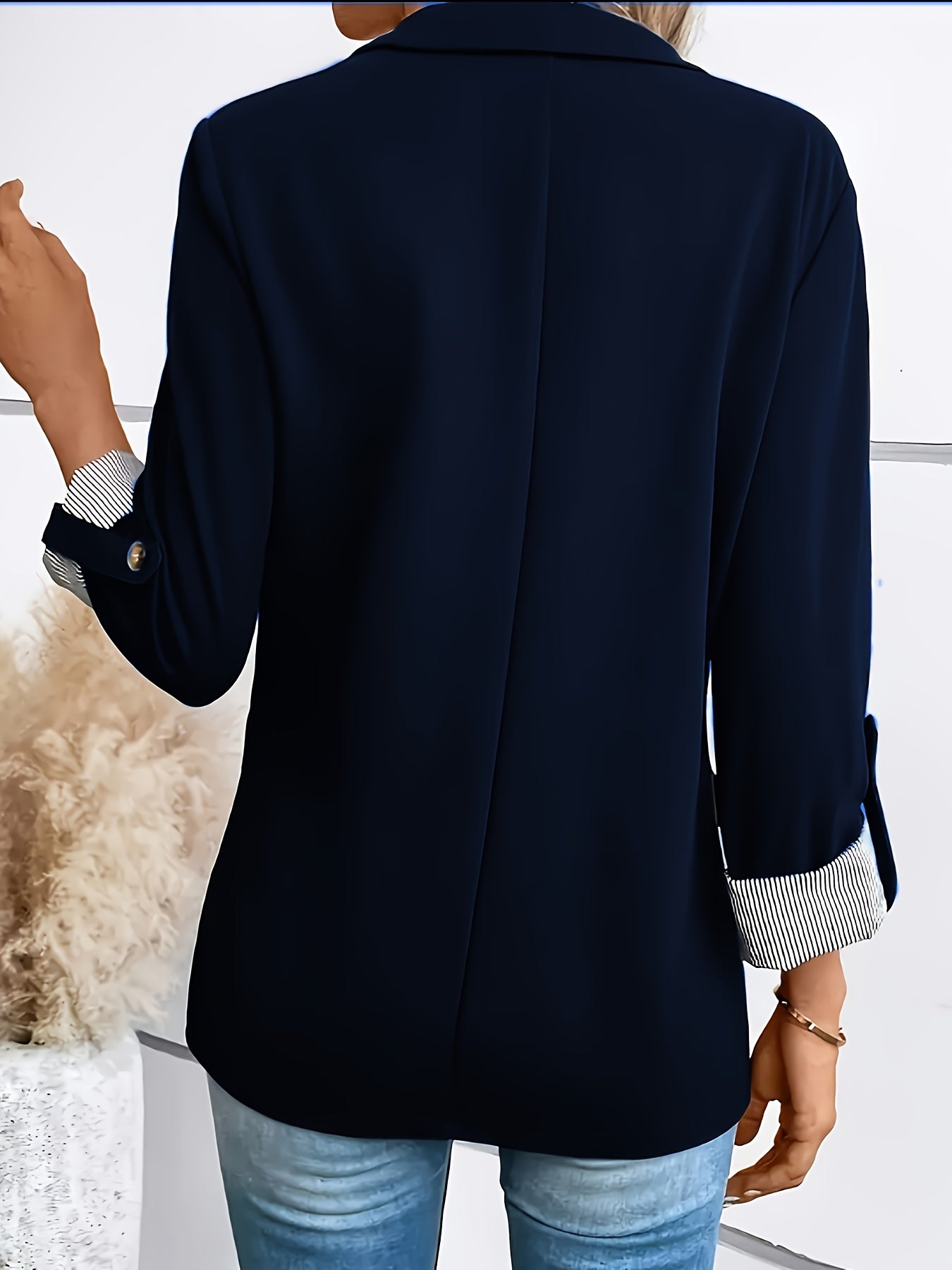 Women's Casual Blazer Jacket - Navy Blue Solid Color, Regular Fit Long Sleeve H-Silhouette, Structured Shoulders & Chest Pocket, Spring/Fall Versatile Office to Weekend Wear