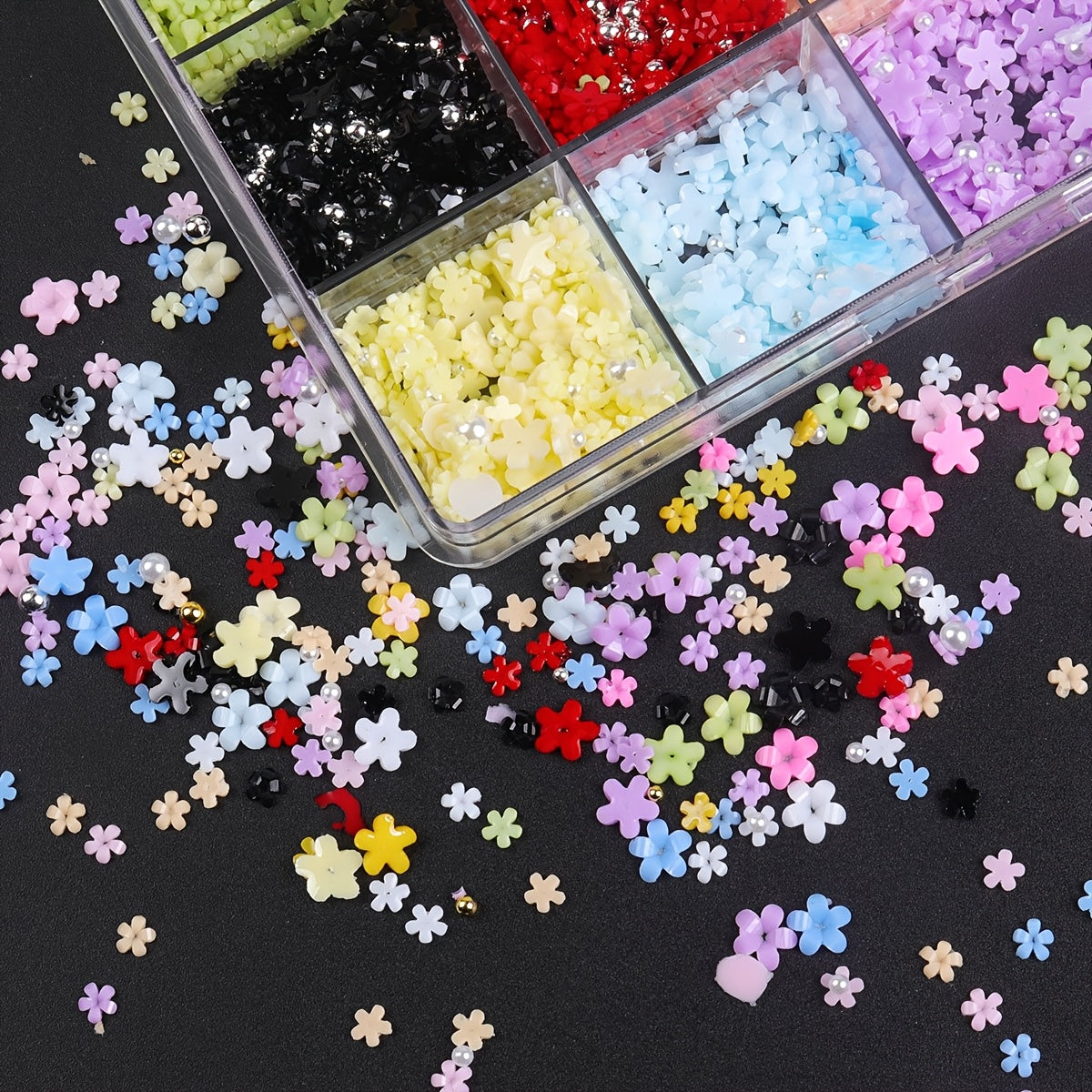 1500pcs Y2K Style Nail Art Charm Set, Featuring 3D Resin Flowers, Golden And Silvery Caviar Beads, Pearls, Hypoallergenic, Unscented, for DIY Finger Trimming And Nail Design Decoration.