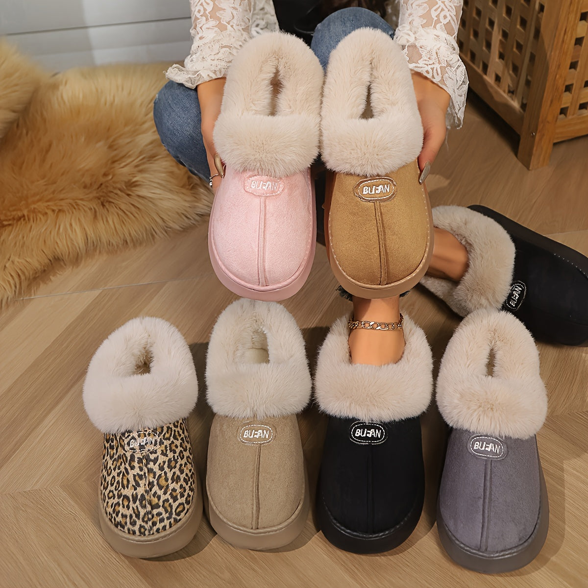 Women'S Preppy Solid Color Slip on Furry Slippers, Soft Warm Plus Fleece House Shoes with Round Toe, EVA Sole, Fabric Upper and Inner Material, Casual All-season Slippers
