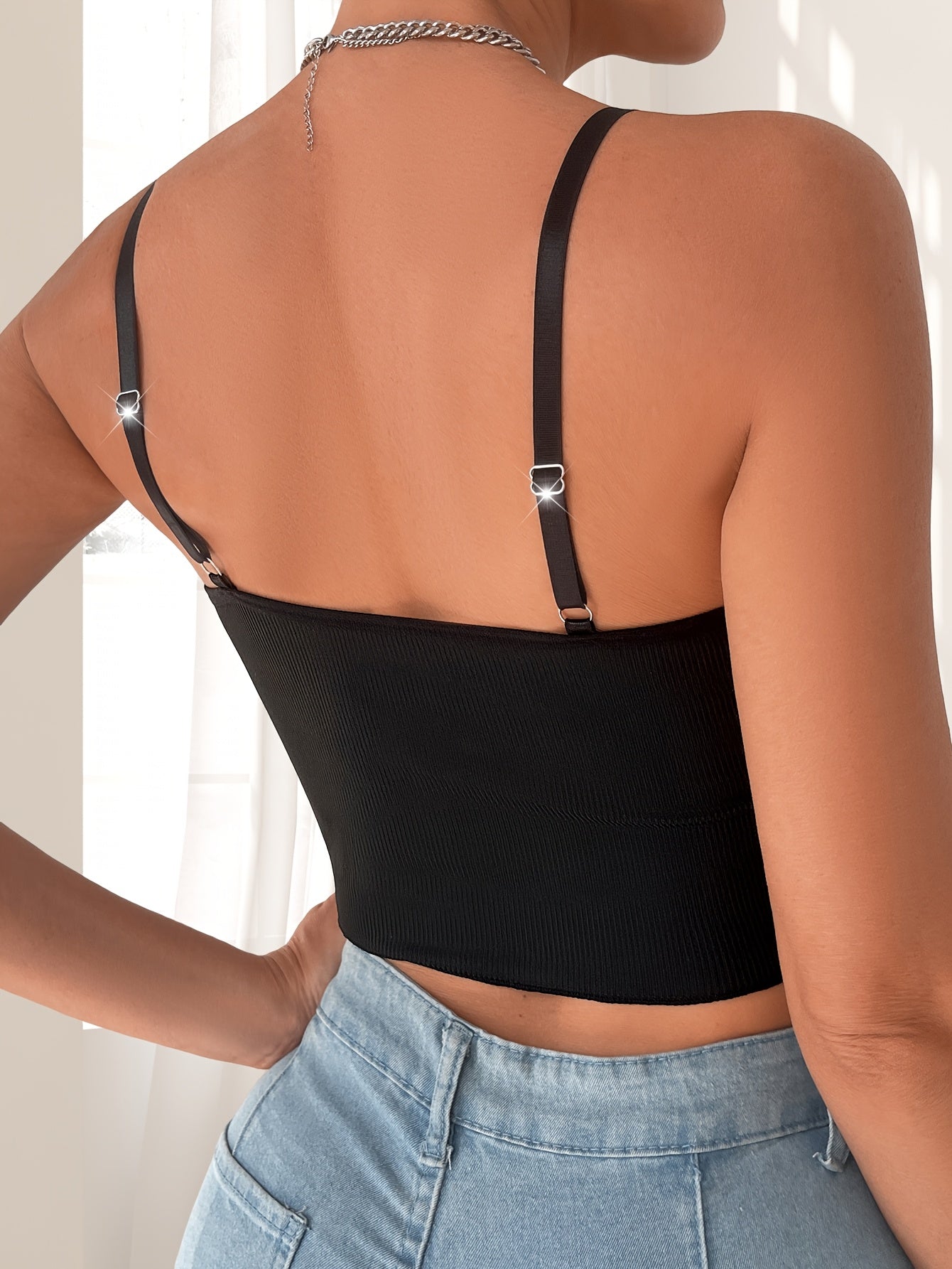 Women's Black Ribbed Cami Top with Cross-Band Detail - Soft, Breathable, Stretchy Nylon Blend for Yoga, Sports & Casual Attire
