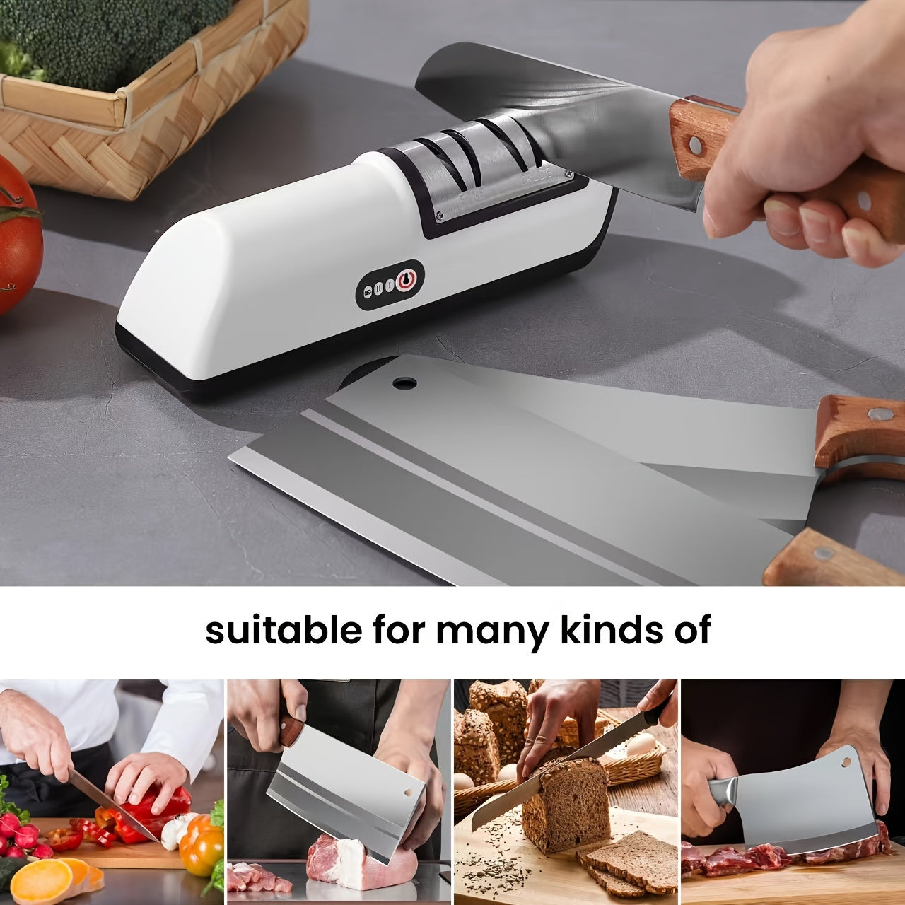 USB Rechargeable Electric Knife Sharpener - 2-Stage, Compact, Quick Sharpen & Polish | Lithium Battery, White & Black Design