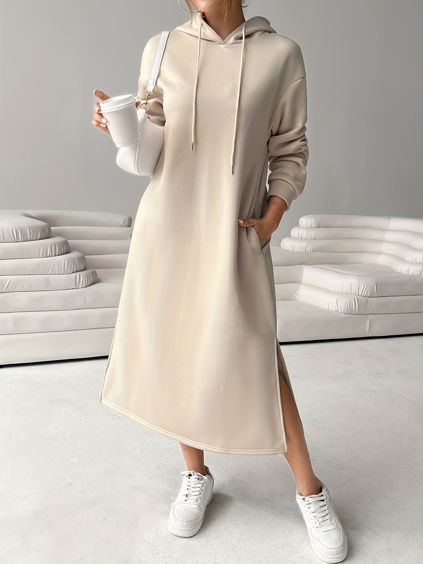 Cozy Letter Print Drawstring Hooded Sweatshirt Dress - Women's Casual Long Sleeve Loose Fit Clothing for Fall & Winter, Soft and Warm Fleece Lined Dress with Adjustable Drawstring Waist