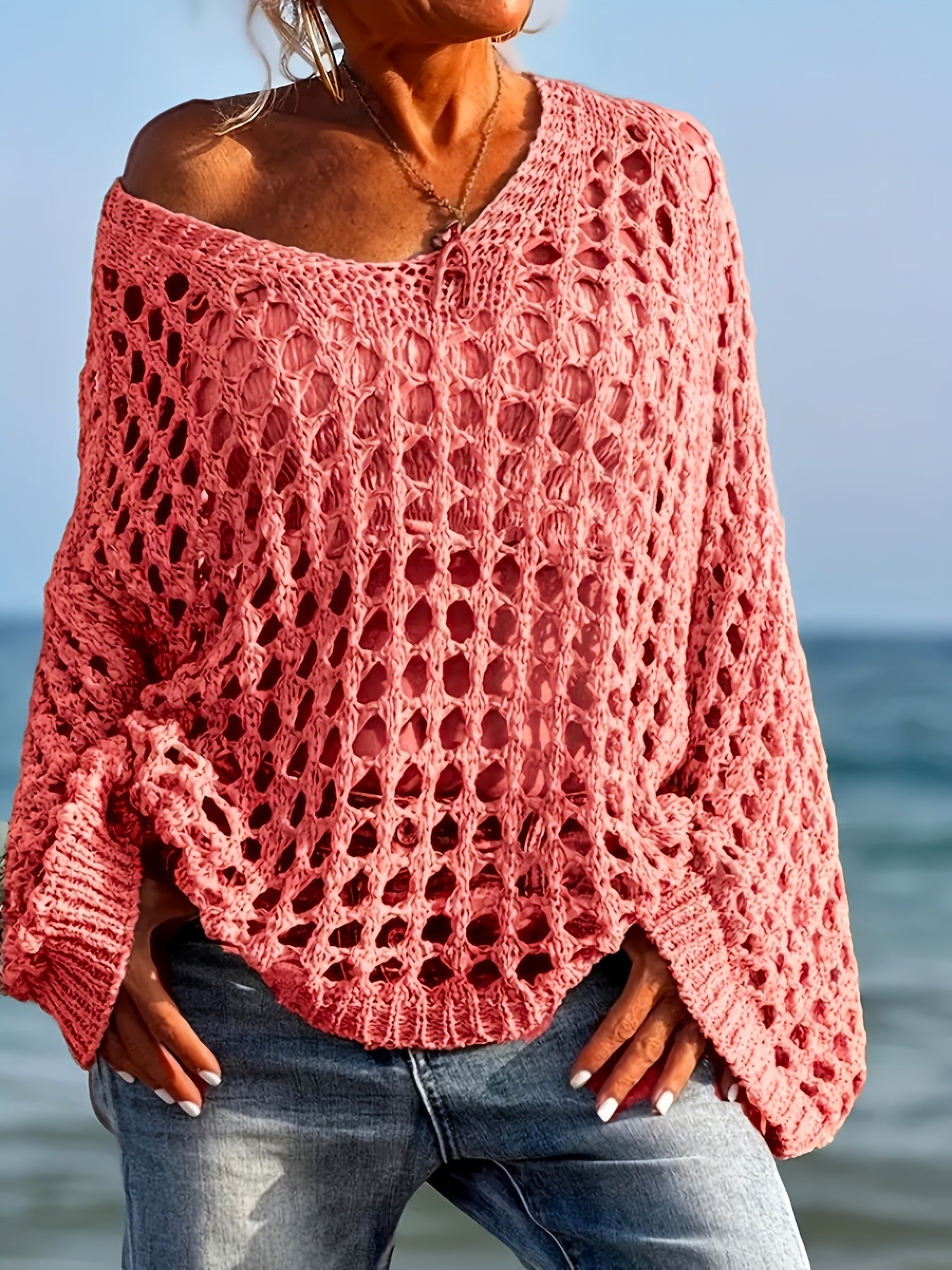 [Beach-Ready] Women's Crochet Knit Top | Long Sleeve | Polyester | Breathable | Casual | Spring & Summer