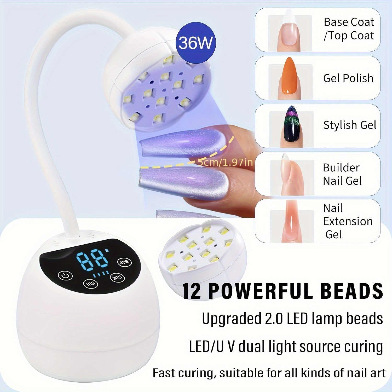 36W Portable UV LED Nail Lamp - Cordless Gel Polish Dryer with Auto Sensor, 3 Timer Settings, LCD Display & Rechargeable USB Battery for Home DIY Manicures, White