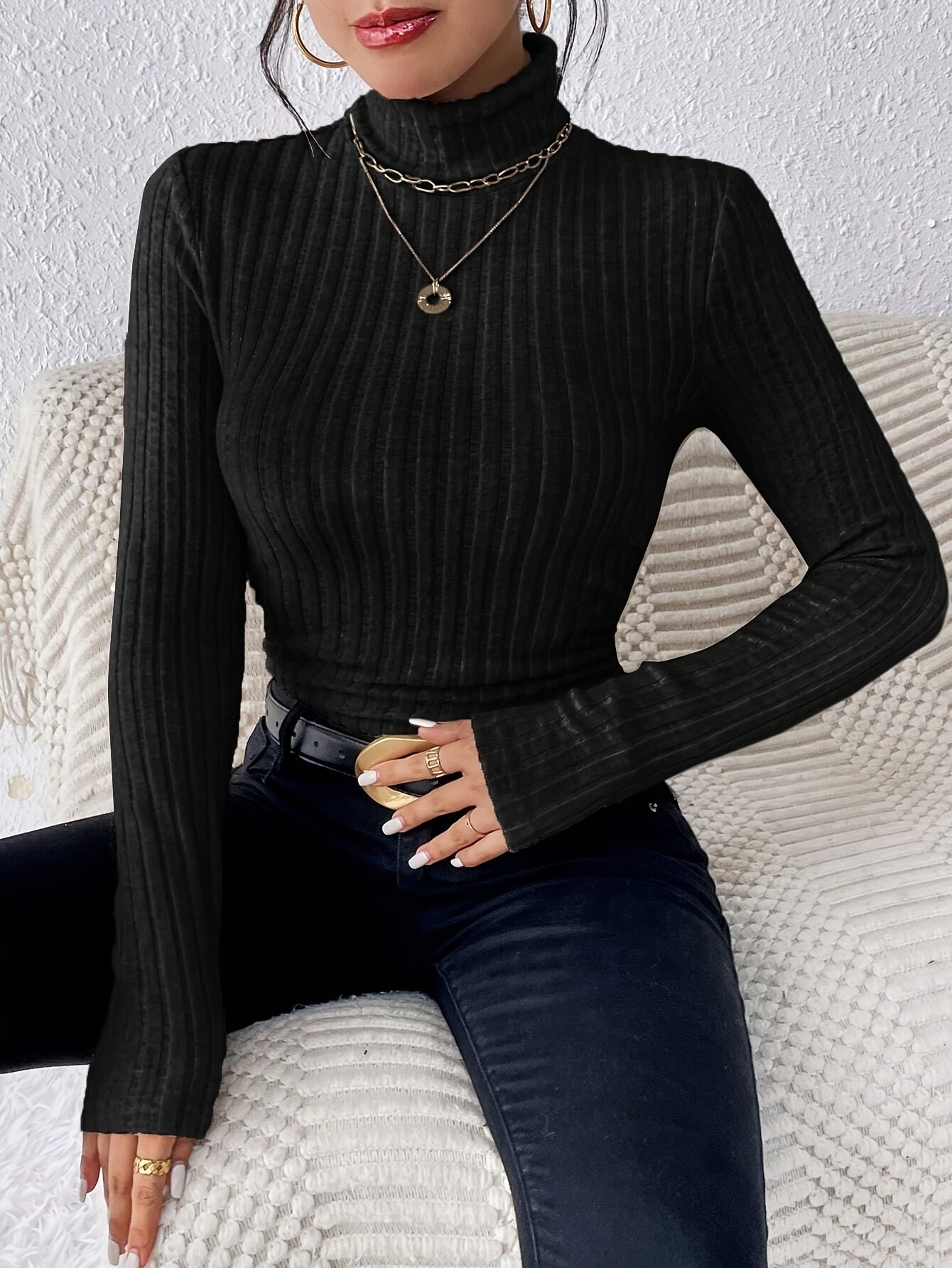 Women's Elegant High-Neck Ribbed Sweater - Solid Color Long Sleeve Fashion Top - Polyester Knit - For Fall/Winter - Perfect for Women - Stylish & Cozy - Ideal Gift for Birthday & Holidays