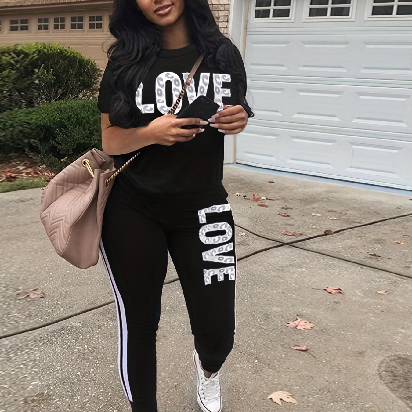 Casual Letter Print Two-piece Set, Short Sleeve T-shirt & Side Striped Pants Outfits, Women's Clothing