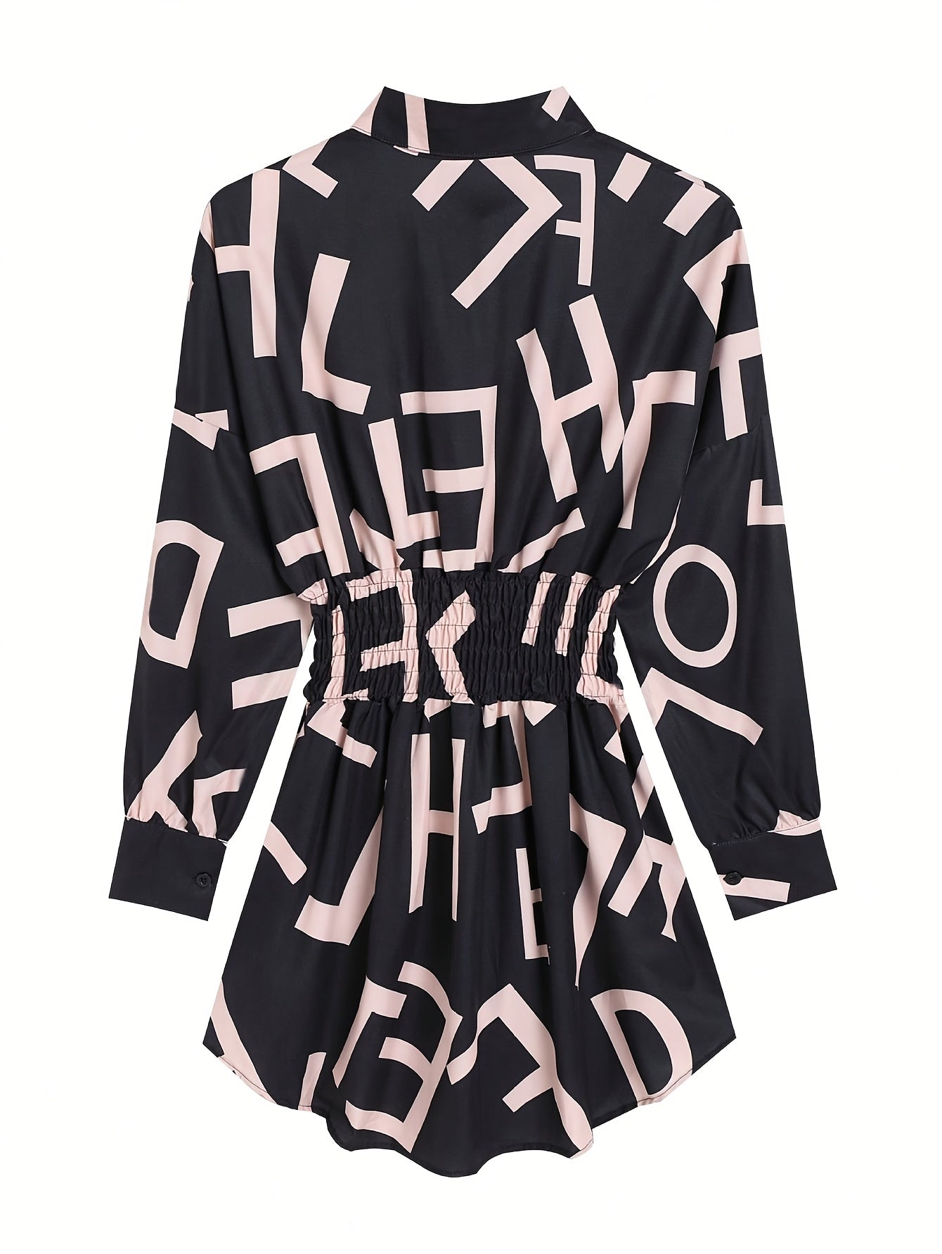 Women's Chic Navy Blue Long Sleeve Shirt Dress with Letter Print - Casual Polyester, Button-Up Collared Design, Machine Washable - Perfect for Spring/Summer/Fall, Seasonal Fashion|Collared Attire|Woven Textile