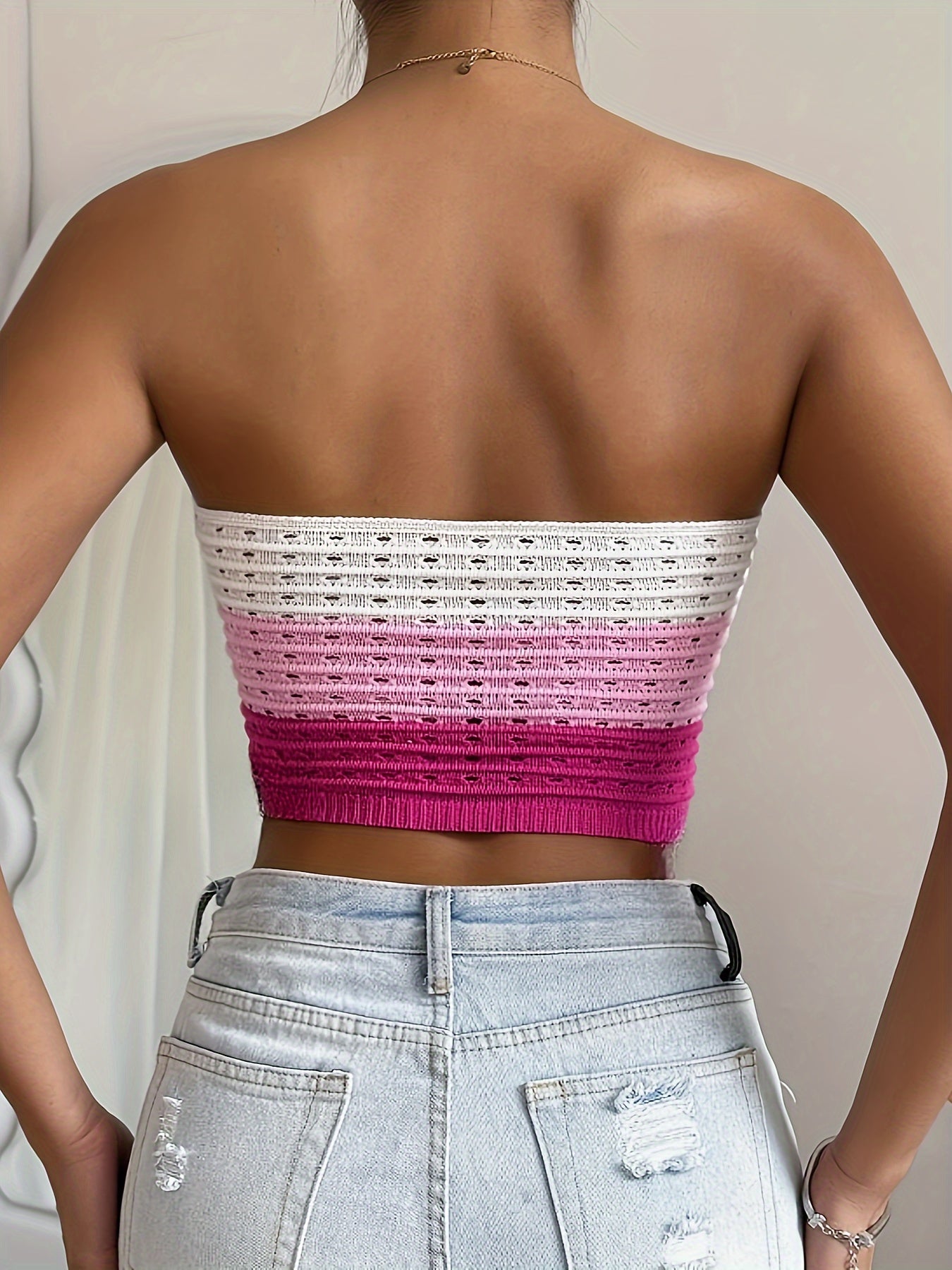 Elegant Two-Tone Women's Sexy Tube Top - Striped, Eyelet Detail, Nylon/Viscose/Polyester Blend, Perfect for Spring/Summer/Fall, Hand or Dry Clean Only