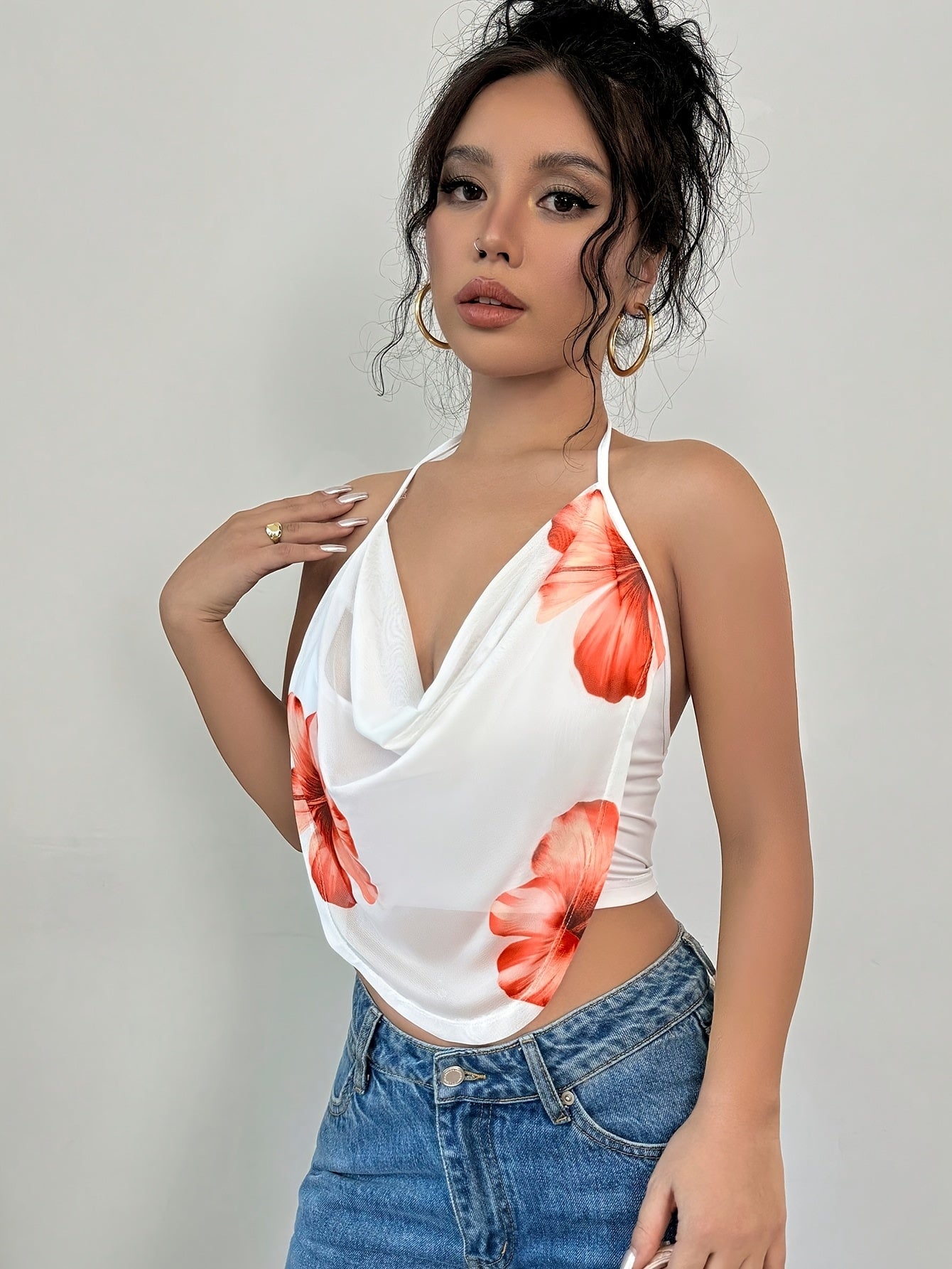 Floral Print Backless Halter Top