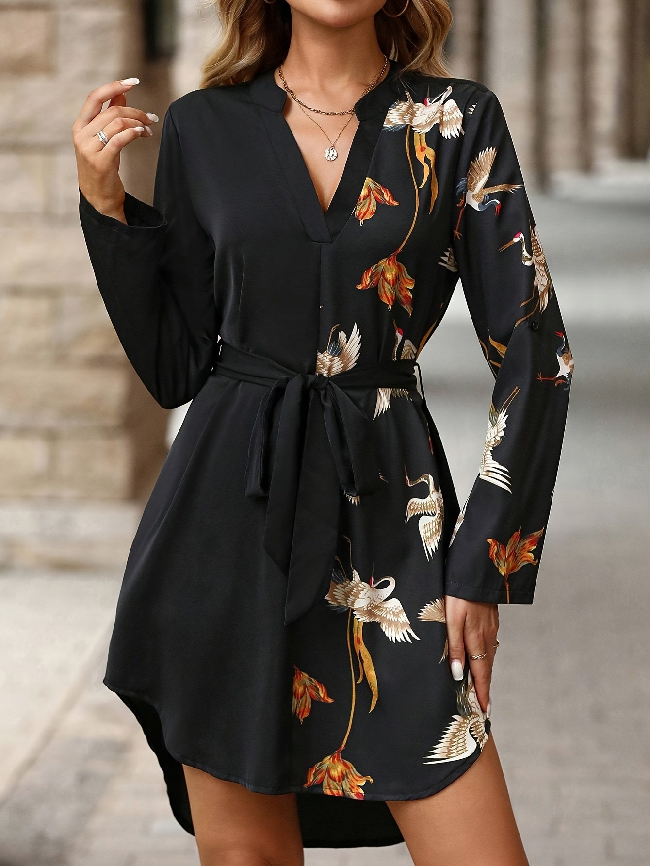 Elegant Women'S V-Neck Dress with Vibrant Bird & Floral Print - Casual A-Line Style, Long Sleeve, Polyester, Green with Golden Accents, Perfect for All Seasons