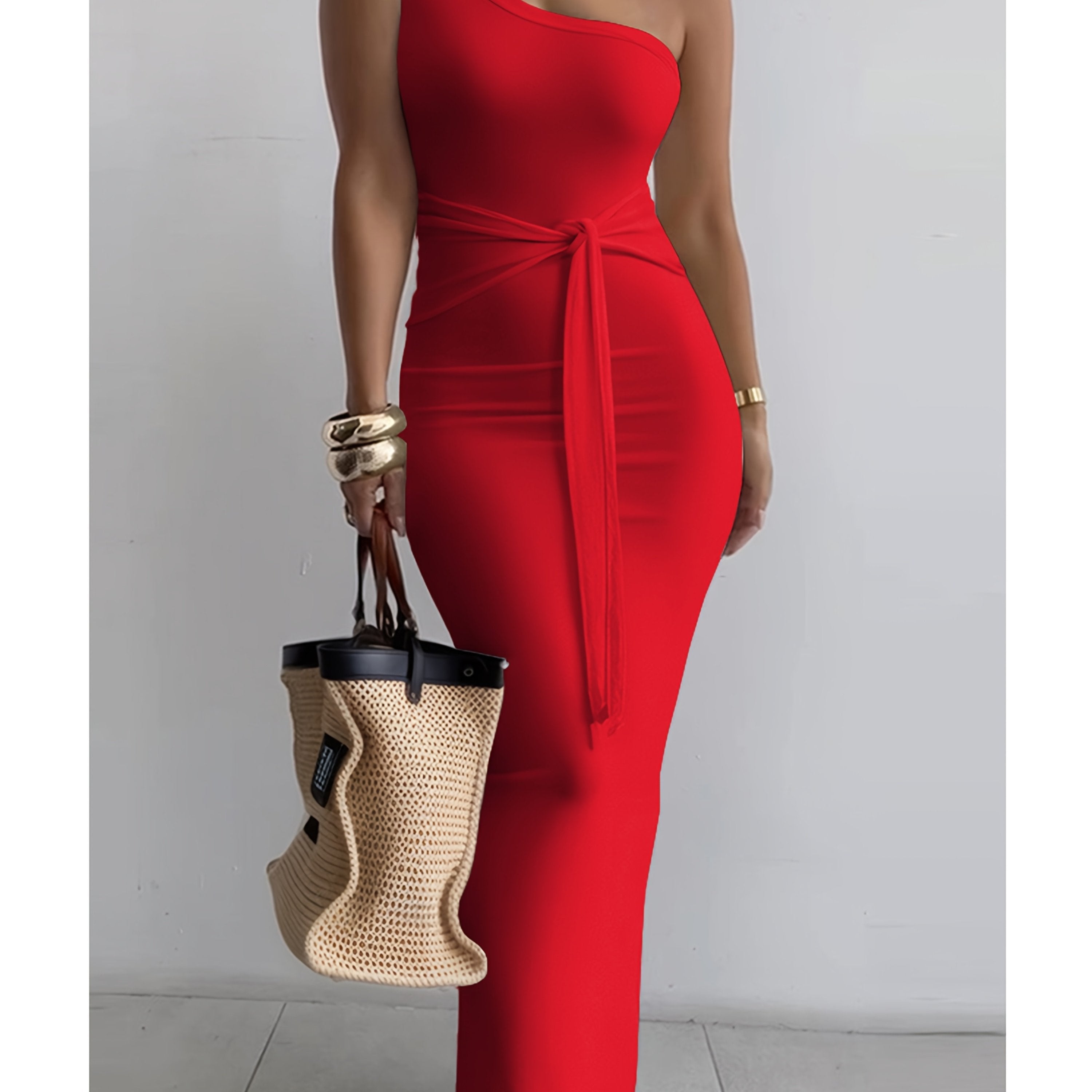 Women's Summer One-Shoulder Waist Tie Slim-Fit Pencil Dress - Sleeveless Elegant Solid Blue Long Dress for Casual & Formal Occasions
