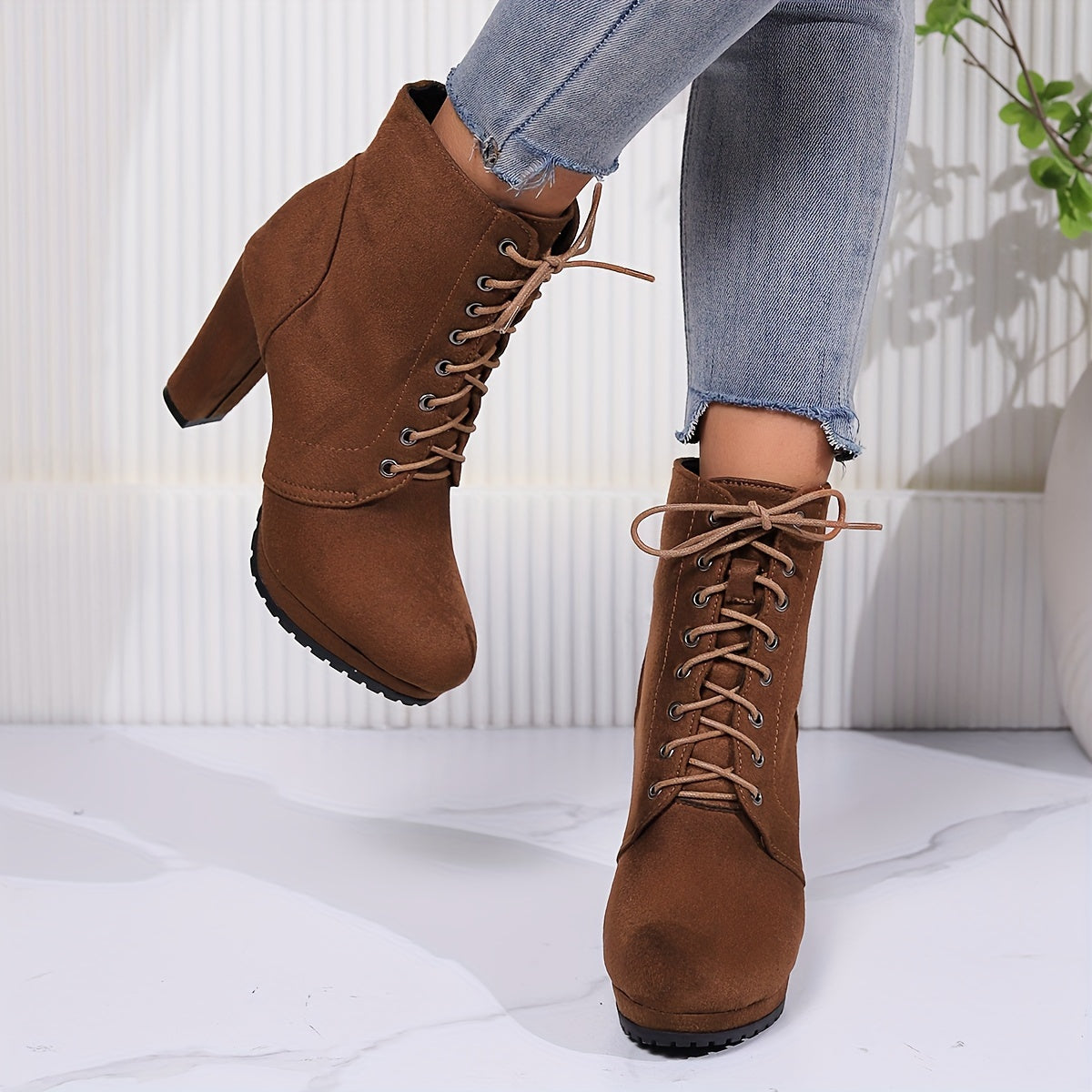 Women'S 2023 Combat Boots - Solid Color Lace-Up, Chunky Heel, Platform, Slim Fit, Round Toe, Fabric Upper, Rubber Sole, Comfortable All-Season Shoes.